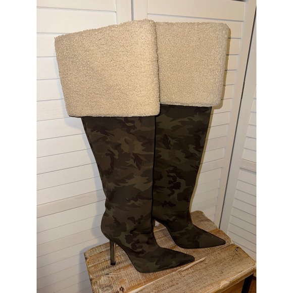 Good American Camo Over the Knee High Heel Boots Shearling Cuff Size 5.5 - Picture 1 of 6